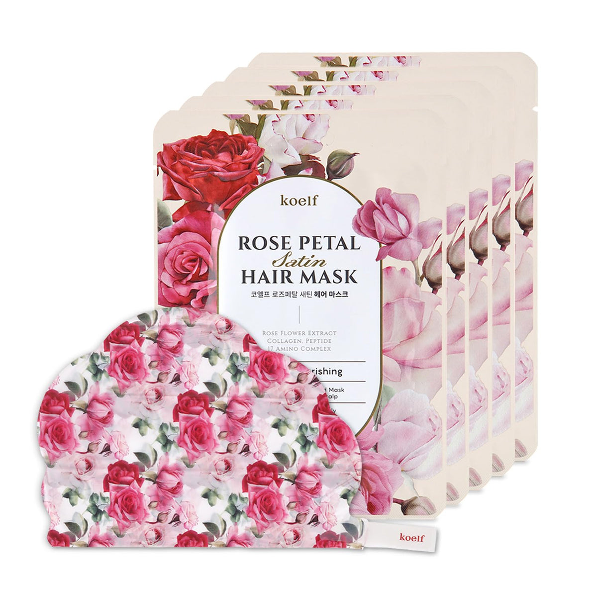 Koelf front packaging showing five rose petal satin hair mask caps for easy use