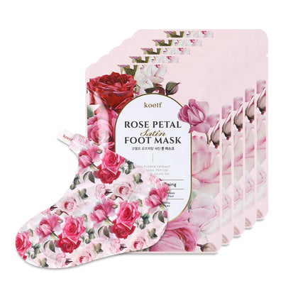 Koelf front packaging showing five rose foot mask pairs and benefits