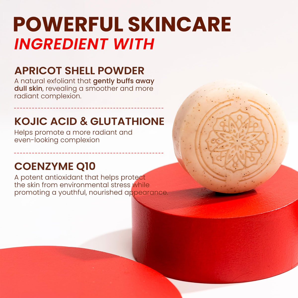 Koji White apricot shell powder beside bar showing natural exfoliant benefit