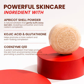 Koji White apricot shell powder beside bar showing natural exfoliant benefit