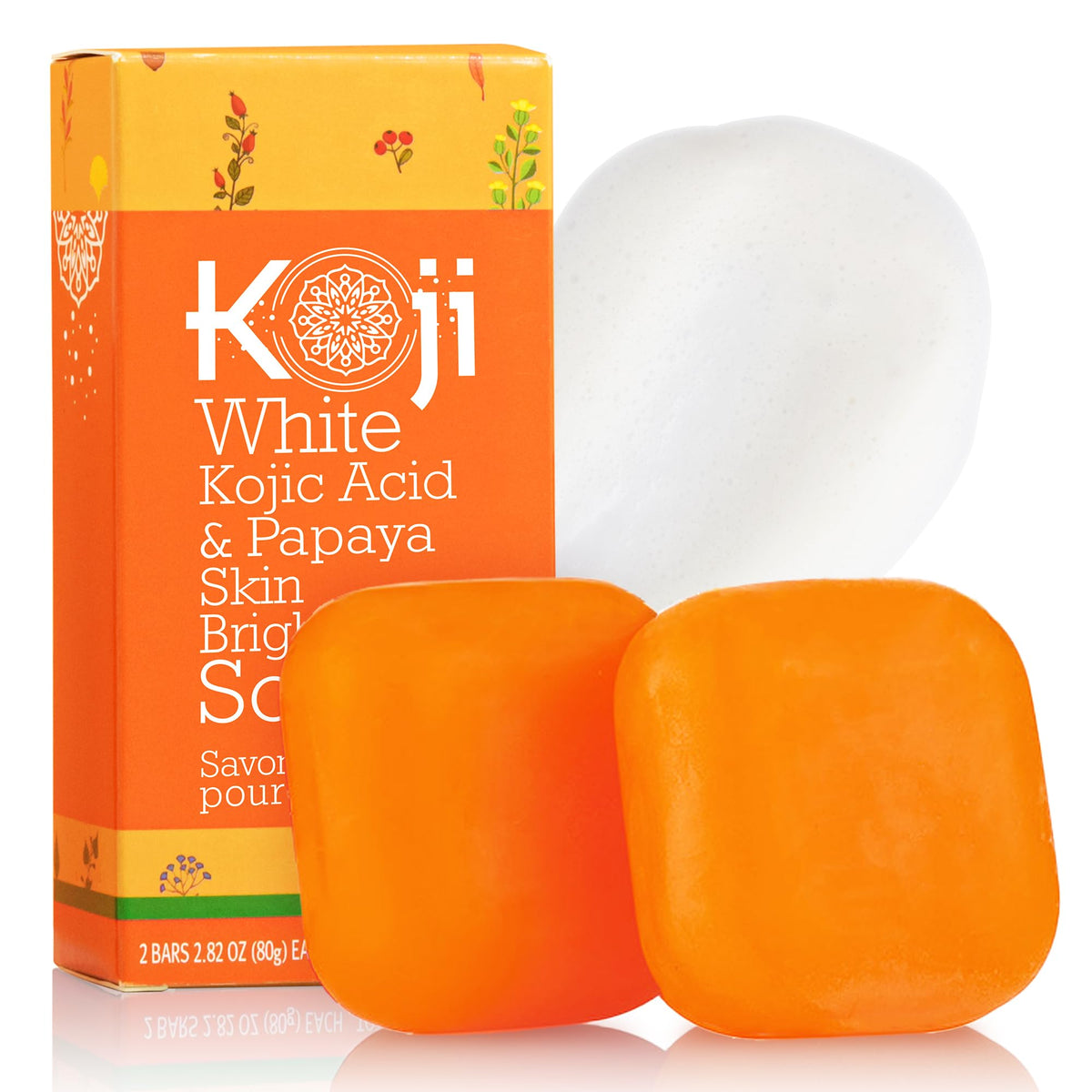 Koji White front packaging showing product name and two bars, highlights benefits