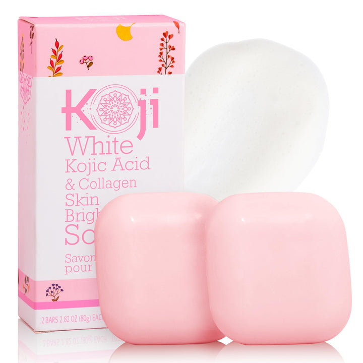 Koji White front packaging showing two brightening soap bars and benefits