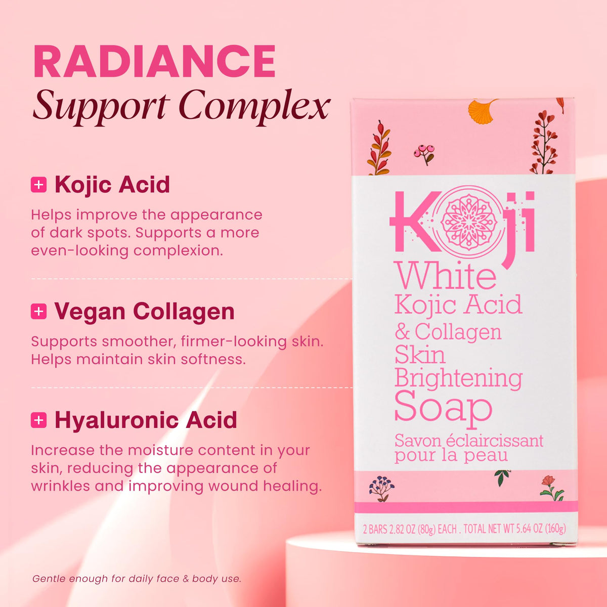 Koji White ingredient label close-up emphasizing kojic acid and collagen