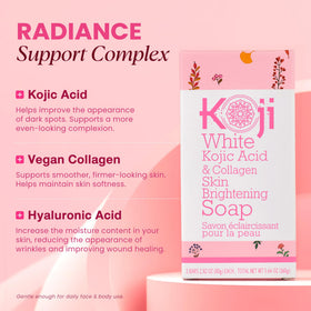 Koji White ingredient label close-up emphasizing kojic acid and collagen