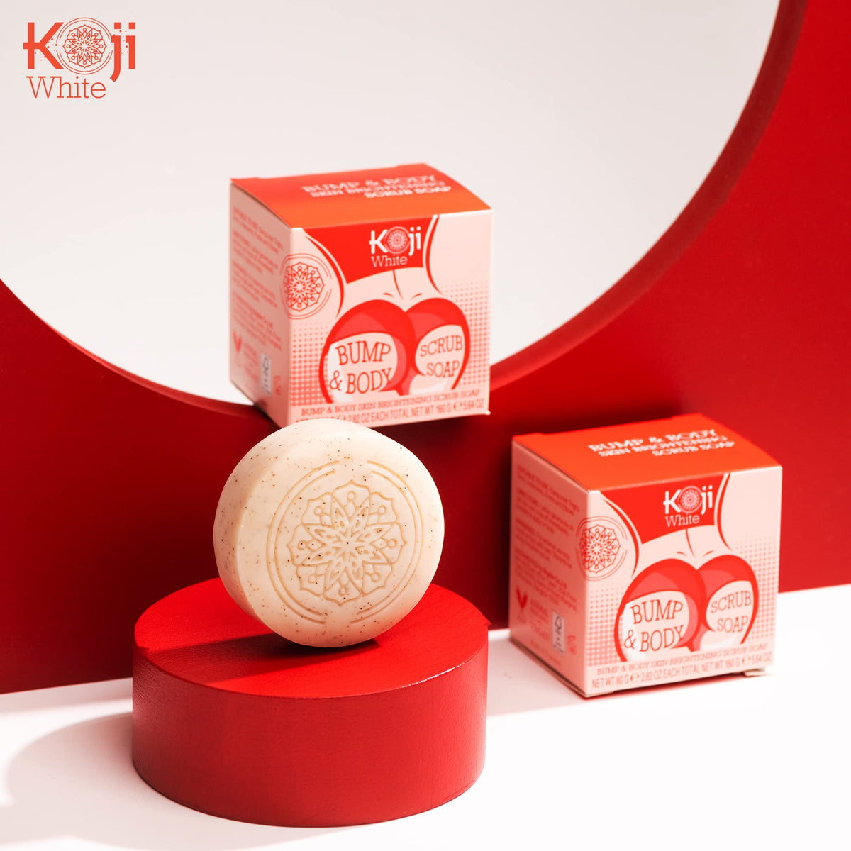 Koji White soap bars styled in bathroom to convey daily body-care routine