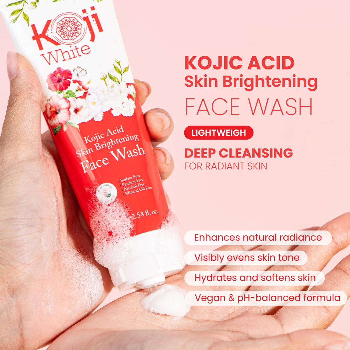Koji White pump and label detail highlighting vegan, paraben-free features