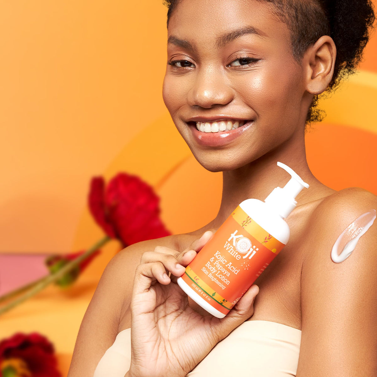 Koji White pump dispensing lotion for easy, controlled application