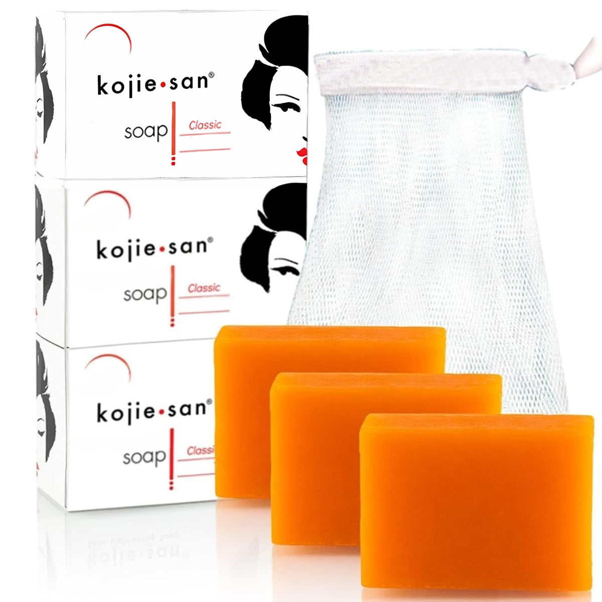 Kojie San front packaging shows three bars and benefits