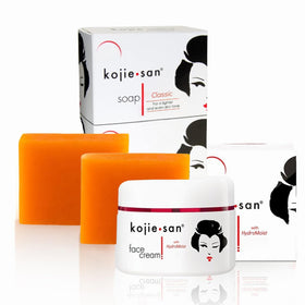 Kojie San front packaging showing bars and cream for easy identification and benefit