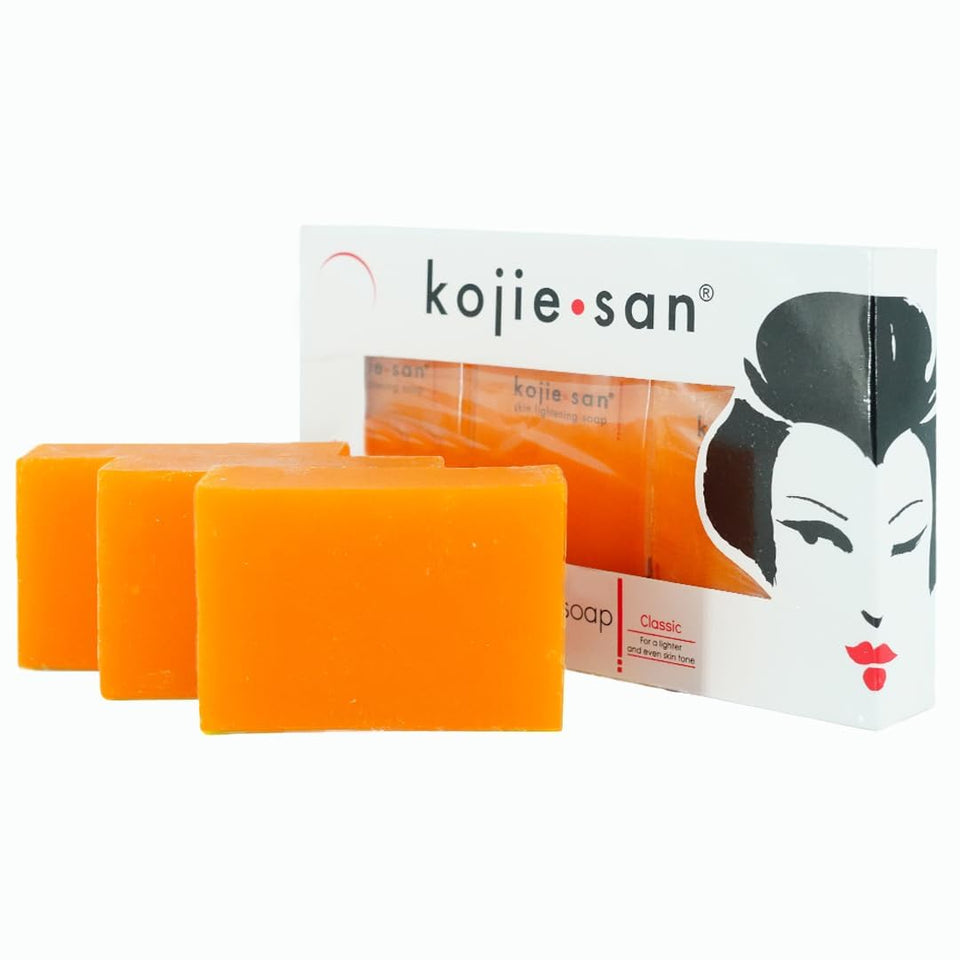 Kojie San front packaging showing three orange-scent bars and branding benefit