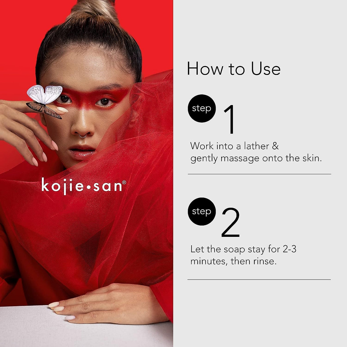 Kojie San foam applied to neck and décolleté showing even tone benefit