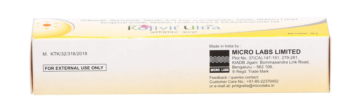 Kojivit packaging label with Micro Labs details for ingredient assurance