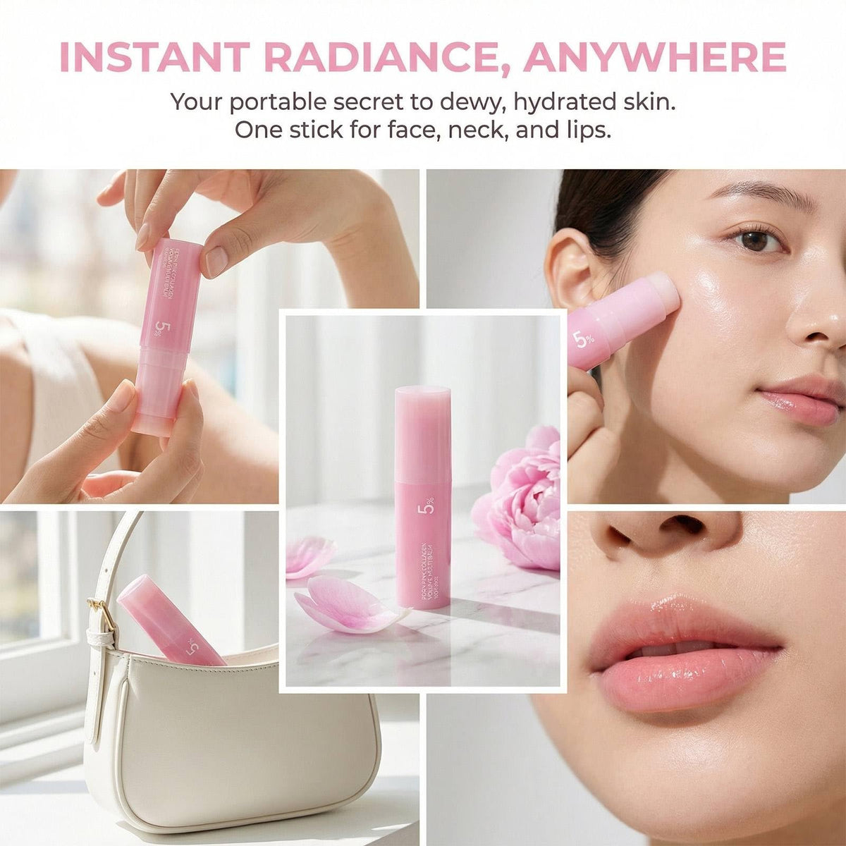 Kojxou balm in a purse and mirror illustrating portable, on-the-go skincare convenience
