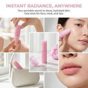 Kojxou balm in a purse and mirror illustrating portable, on-the-go skincare convenience