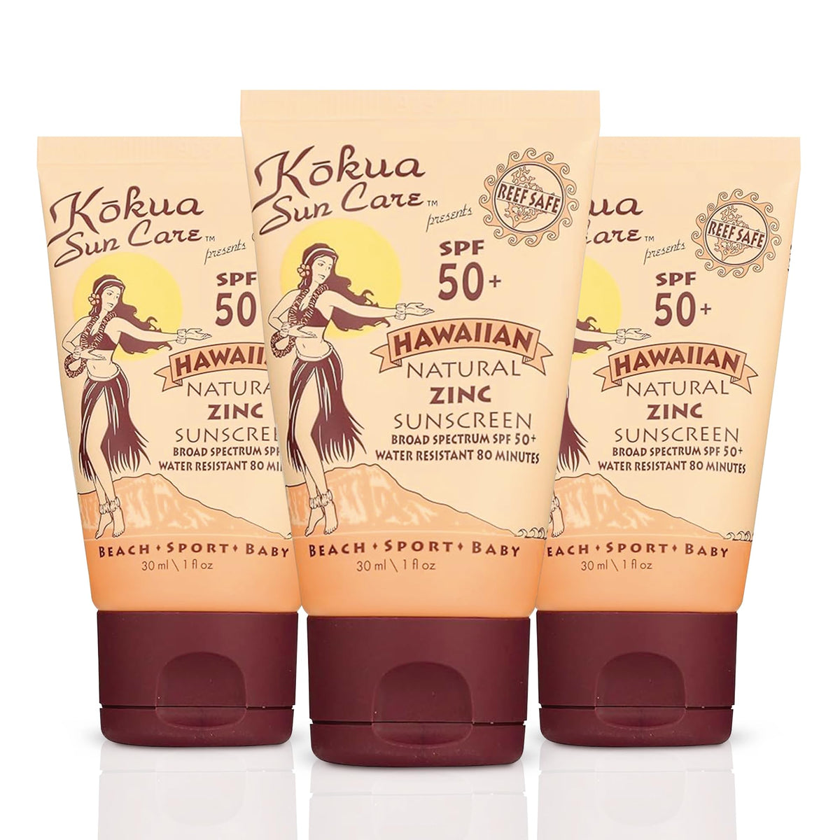 kokua front packaging 3pack showing compact travel tubes and SPF protection