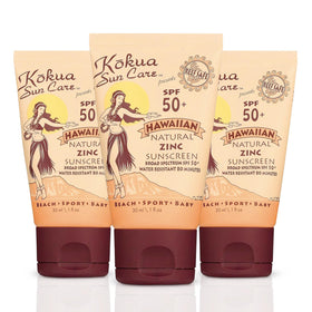 kokua front packaging 3pack showing compact travel tubes and SPF protection