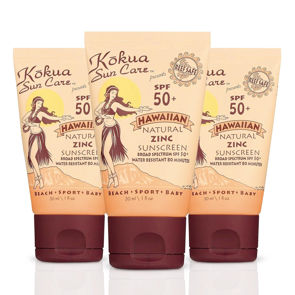 kokua front packaging 3pack showing compact travel tubes and SPF protection