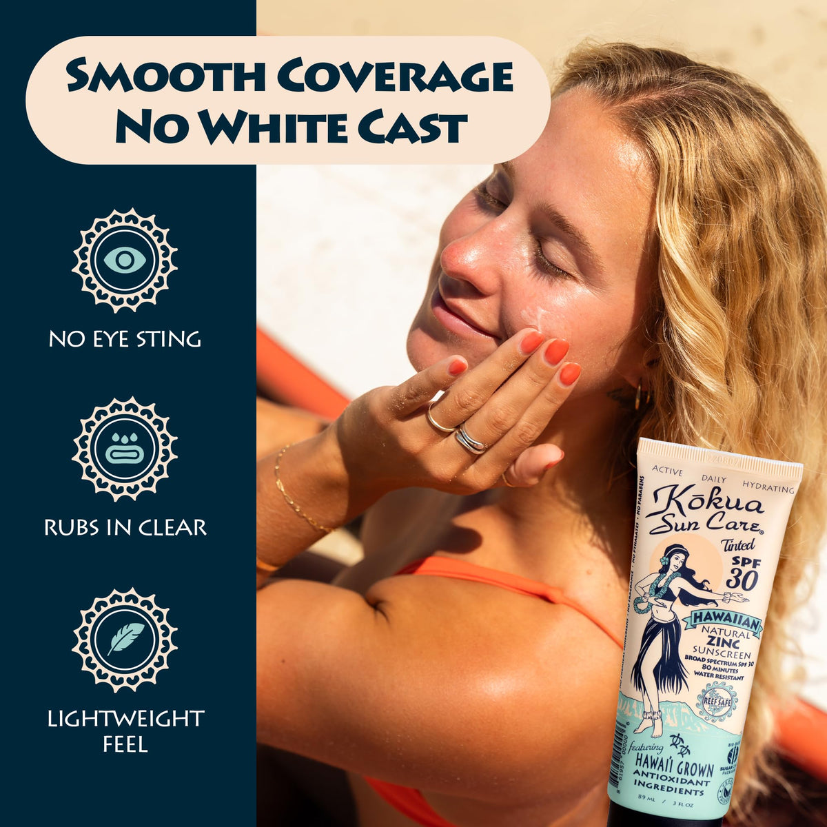 Kokua Sun Care applied to face demonstrating non-greasy finish and even tone benefit