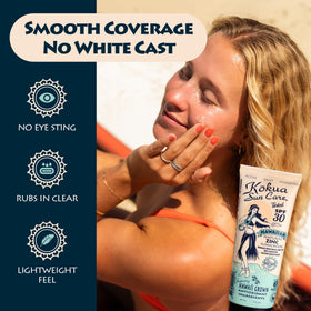 Kokua Sun Care applied to face demonstrating non-greasy finish and even tone benefit
