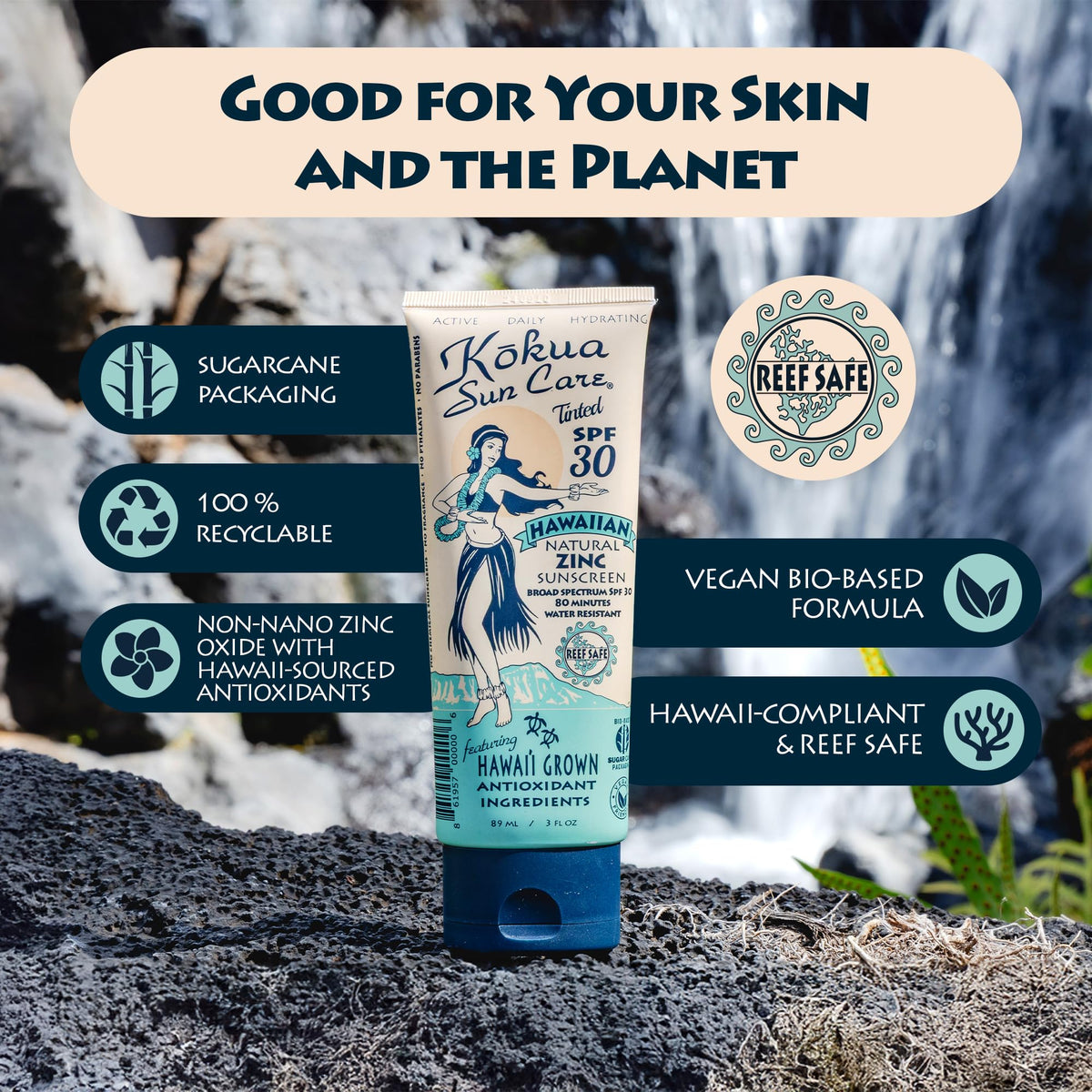 Kokua Sun Care label close-up listing zinc oxide and natural ingredients for transparency