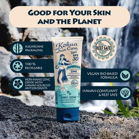 Kokua Sun Care label close-up listing zinc oxide and natural ingredients for transparency
