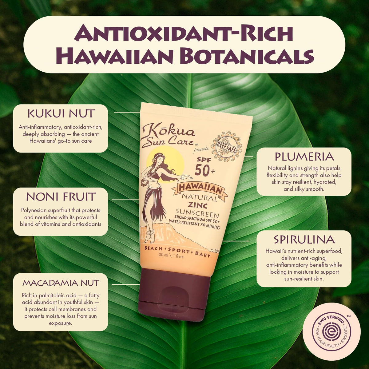 kokua tube closeup label highlighting SPF 50 zinc oxide and reef-safe benefits