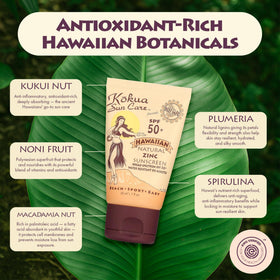 kokua tube closeup label highlighting SPF 50 zinc oxide and reef-safe benefits