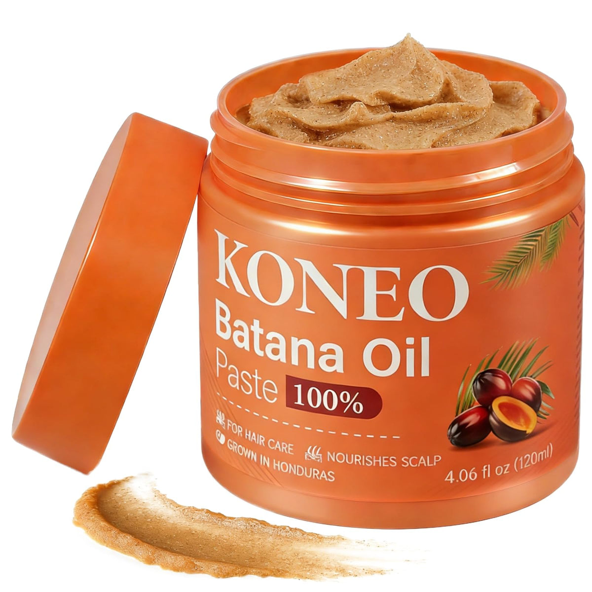 KONEO front packaging showing Batana paste jar and label for authentic sourcing and benefits