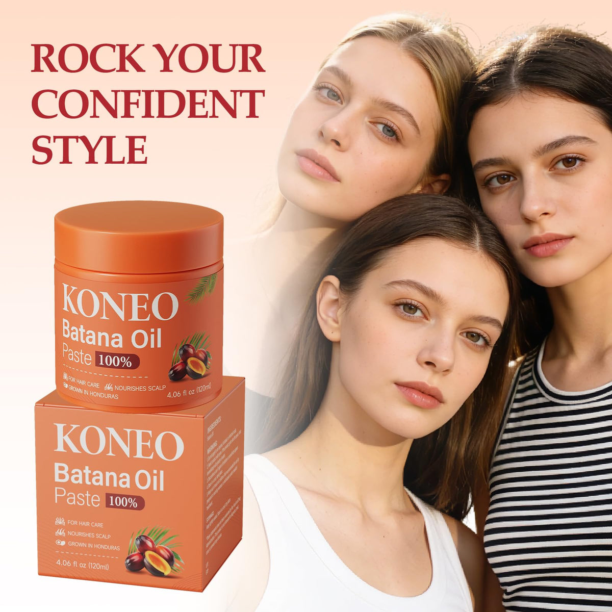 KONEO 4.06 fl oz jar beside a ruler to show actual size and portability of the Batana paste