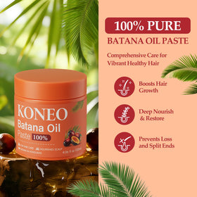 Close-up of KONEO Batana paste texture demonstrating creamy consistency and easy spreading