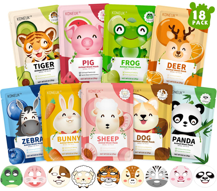 KONEUK front packaging showing 18 colorful animal sheet masks and group value