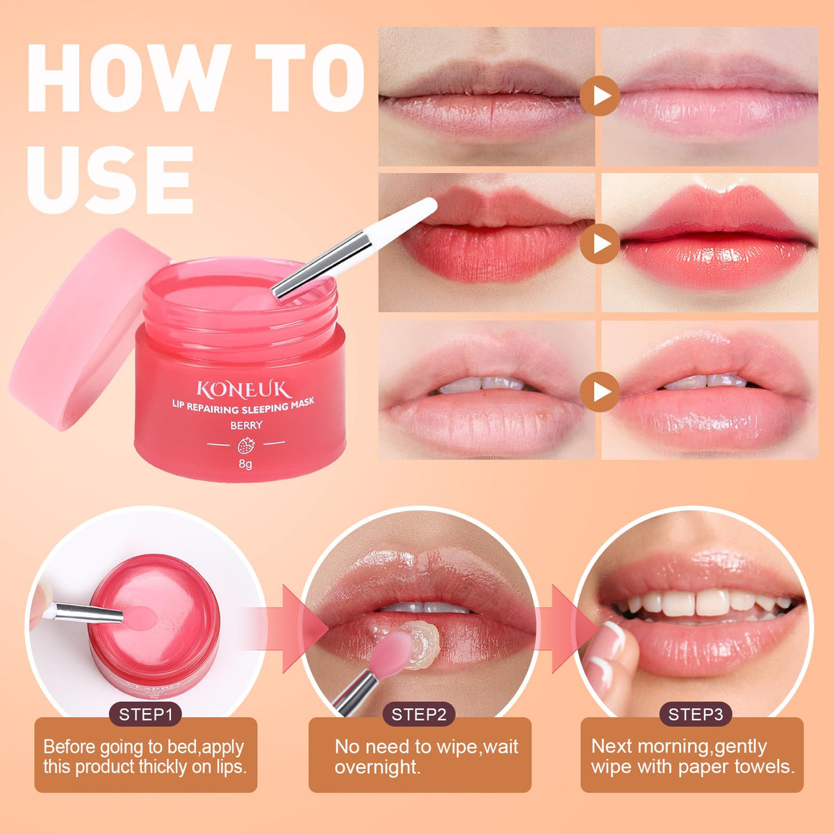 KONEUK application on lips demonstrating smooth coverage and overnight care