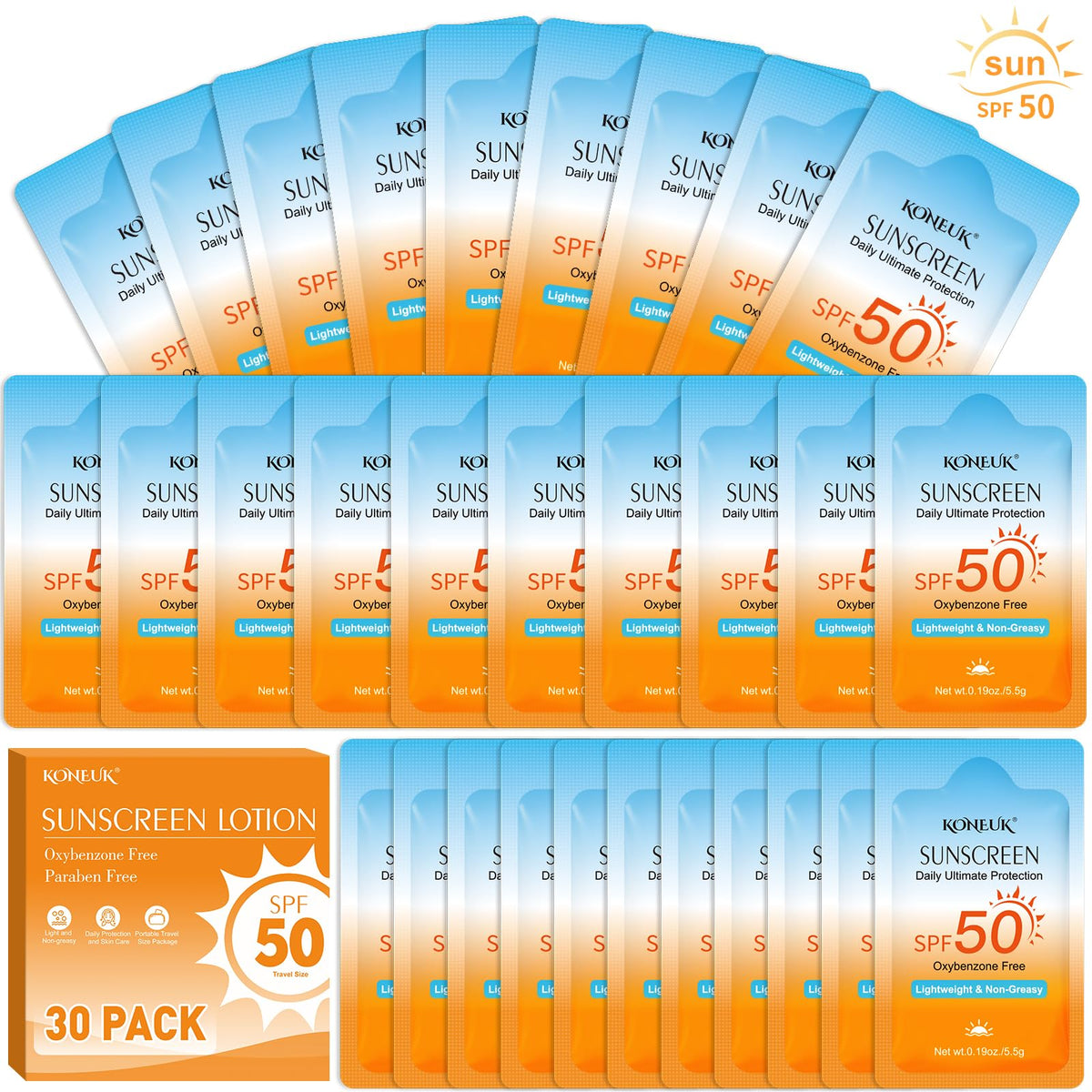 KONEUK front pack display showing 30 compact sunscreen sachets for easy storage