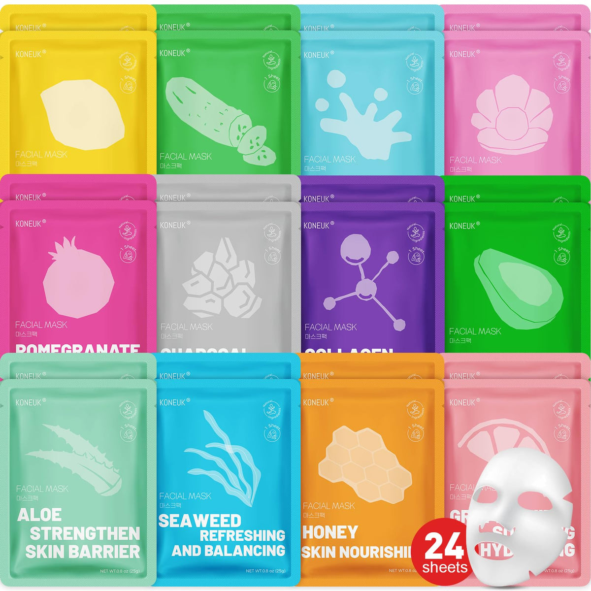 KONEUK front packaging showing 24-pack and colorful mask wrappers, gift-ready