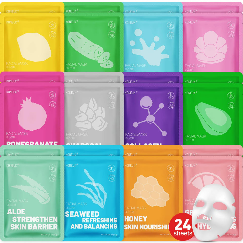 KONEUK front packaging showing 24-pack and colorful mask wrappers, gift-ready