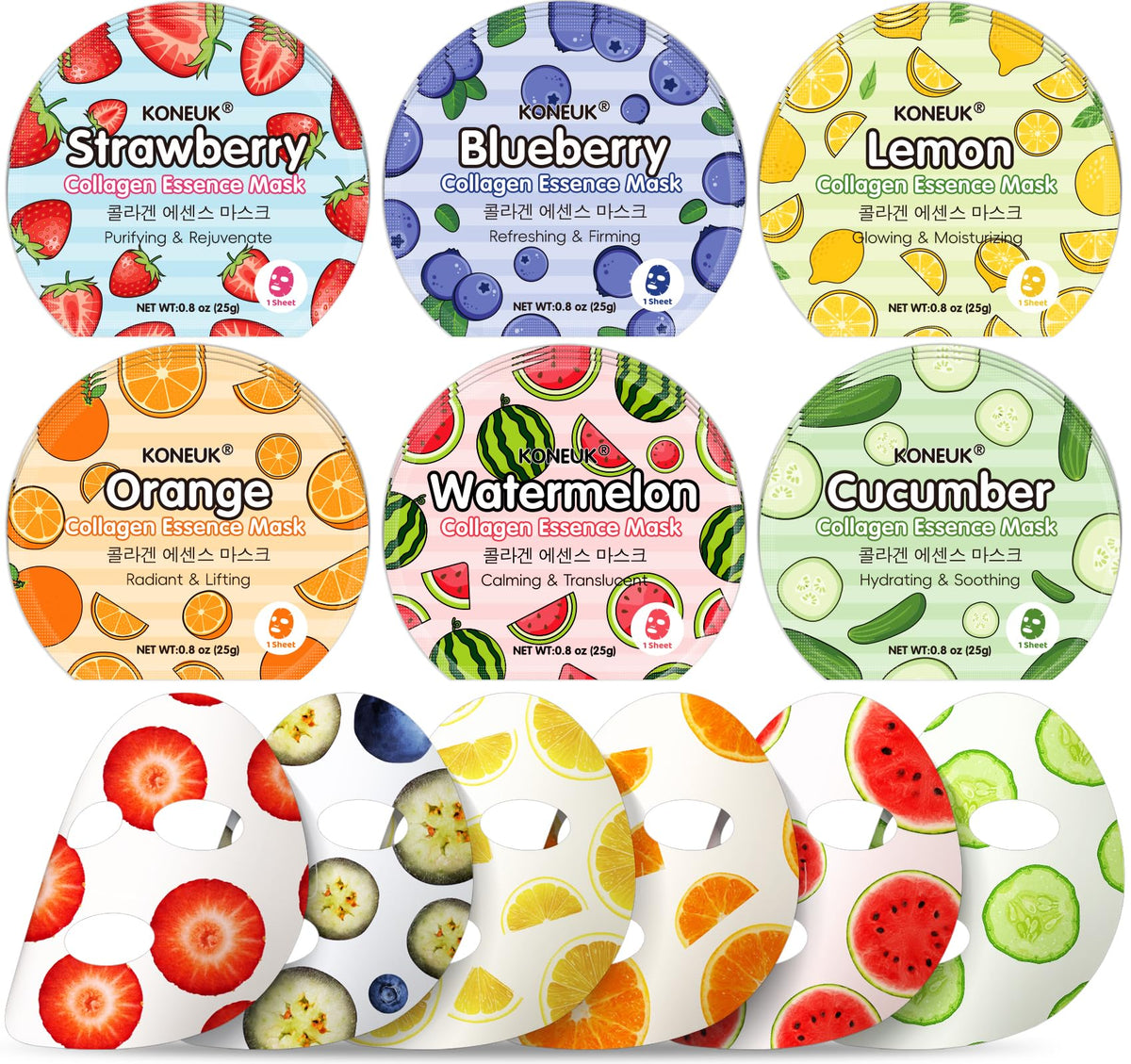 KONEUK front packaging of 18-pack fruit masks showing colorful box benefit: gift-ready