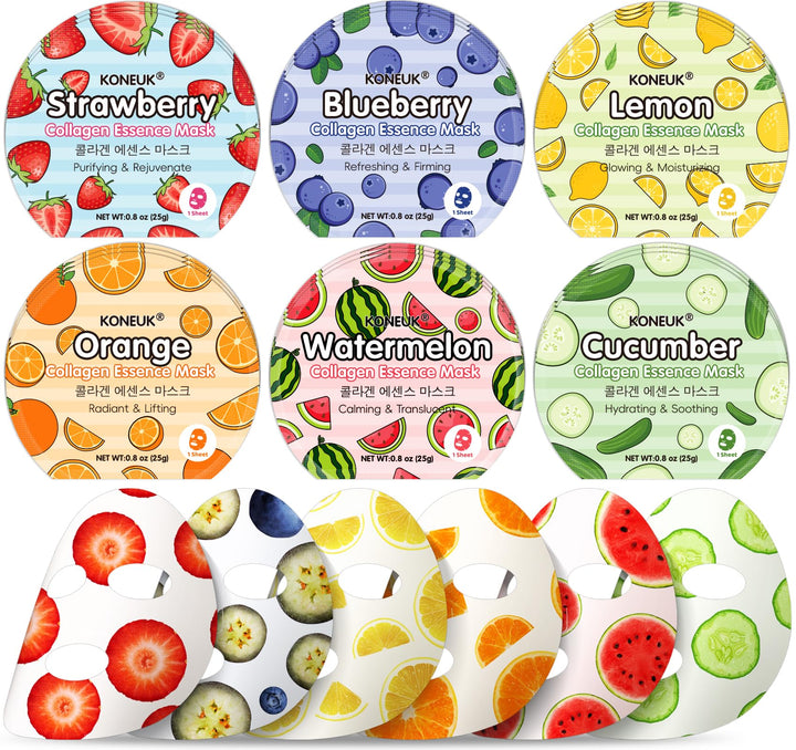 KONEUK front packaging of 18-pack fruit masks showing colorful box benefit: gift-ready