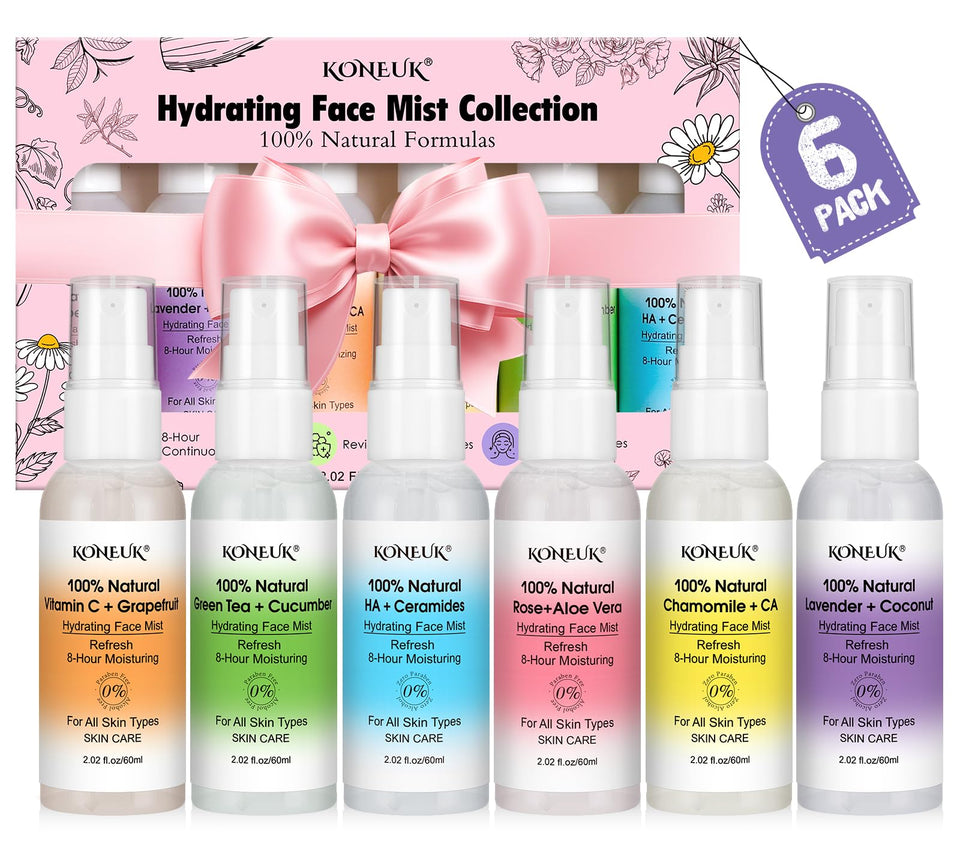 KONEUK front packaging showing six travel-size face mists, easy gifting