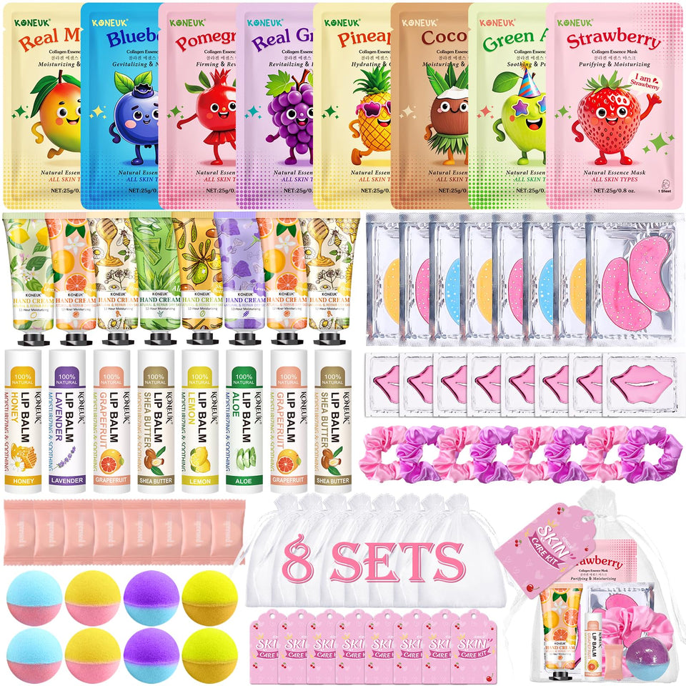 KONEUK front packaging showing full 80-piece spa party kit and benefits