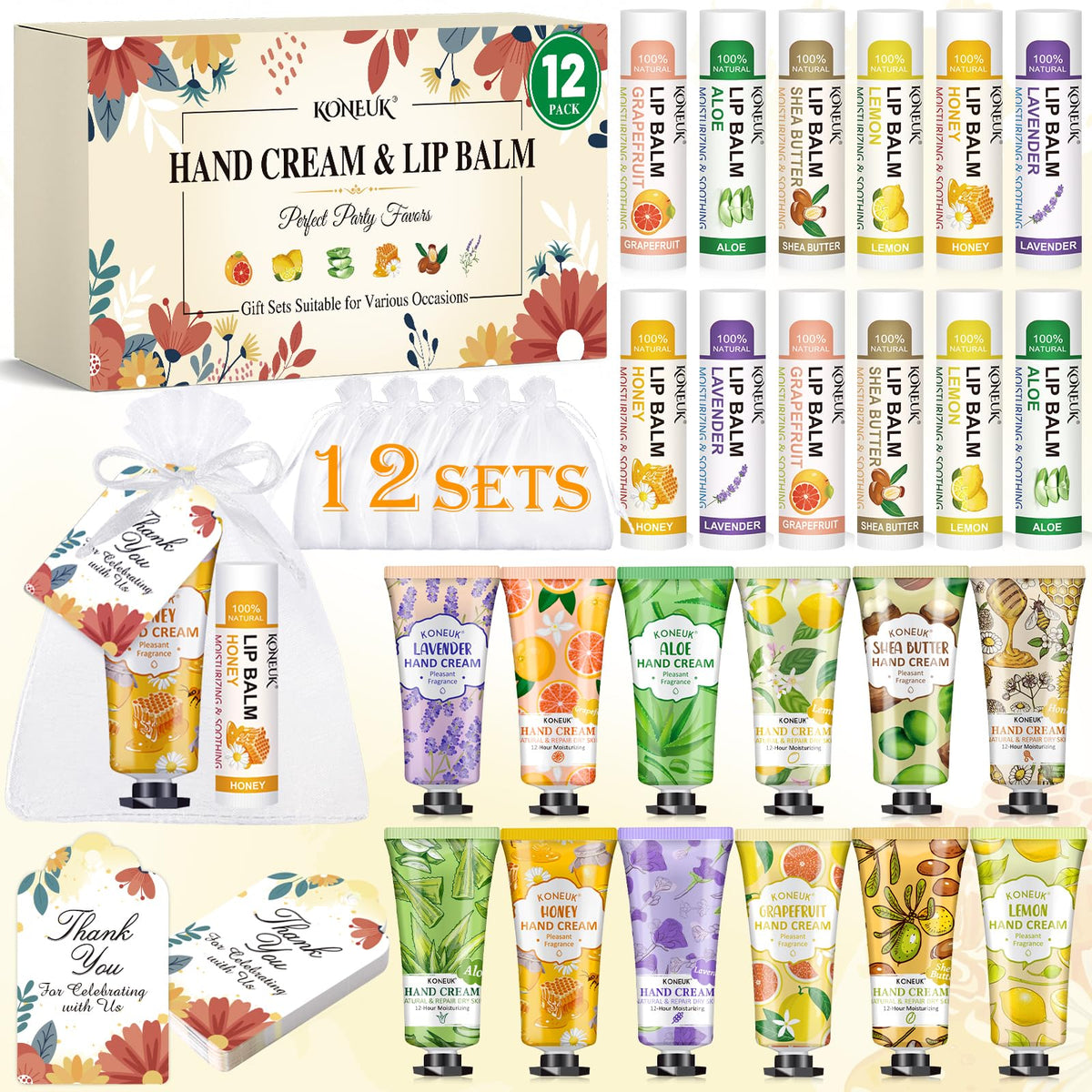 KONEUK front packaging showing 12-piece hand cream and lip balm set for gifting