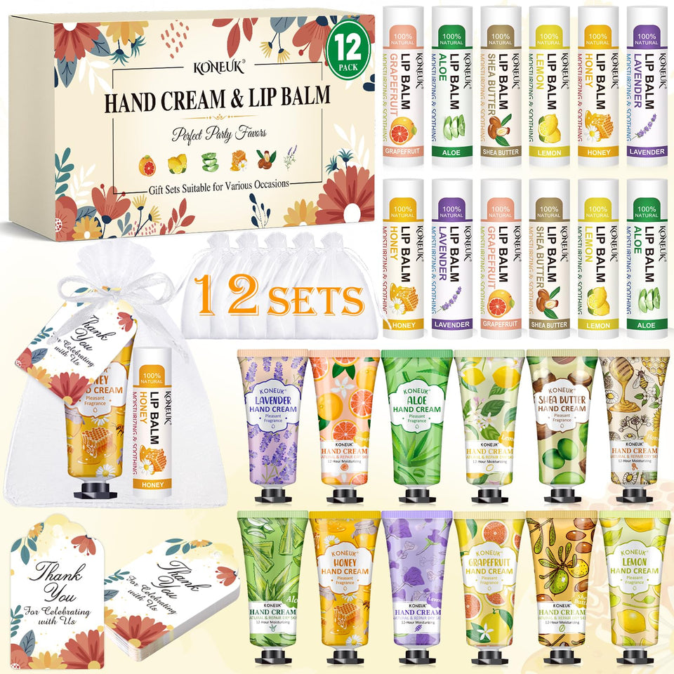 KONEUK front packaging showing 12-piece hand cream and lip balm set for gifting