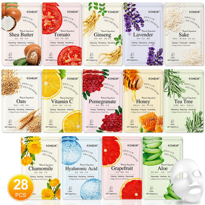 KONEUK front packaging showing 28 colorful sheet mask sachets and gift-ready presentation