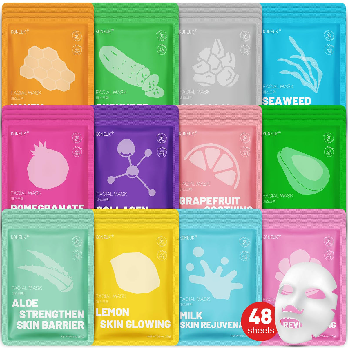 KONEUK front packaging showing colorful 48-pack and variety