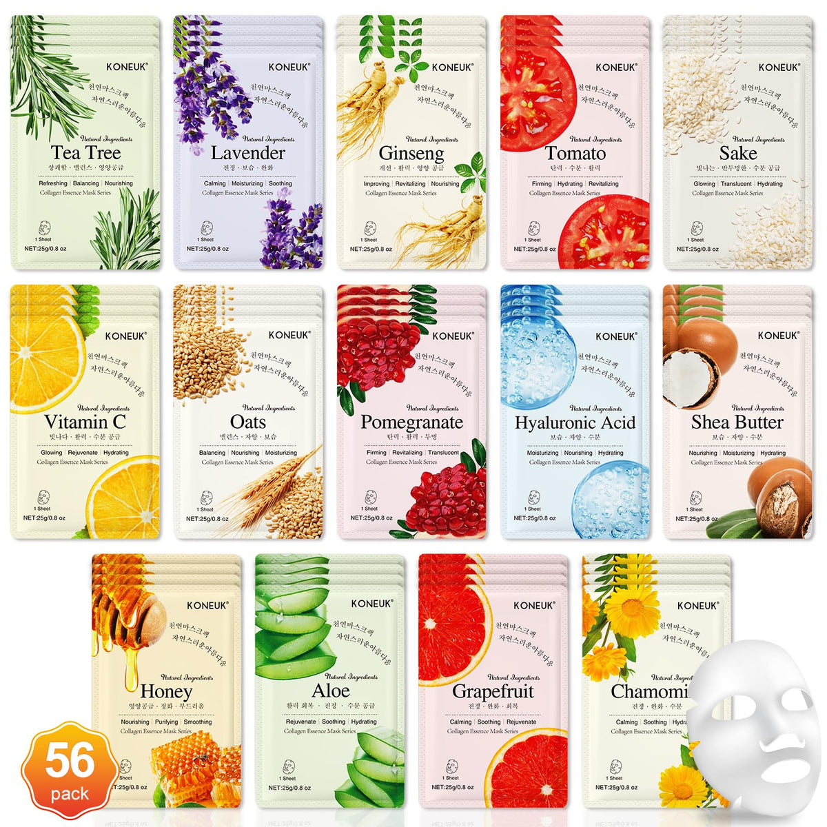 KONEUK front packaging showing full 56-pack set and colorful sachets for gifting
