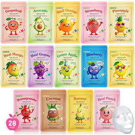 KONEUK front packaging showing 28 colorful fruit mask designs and benefits