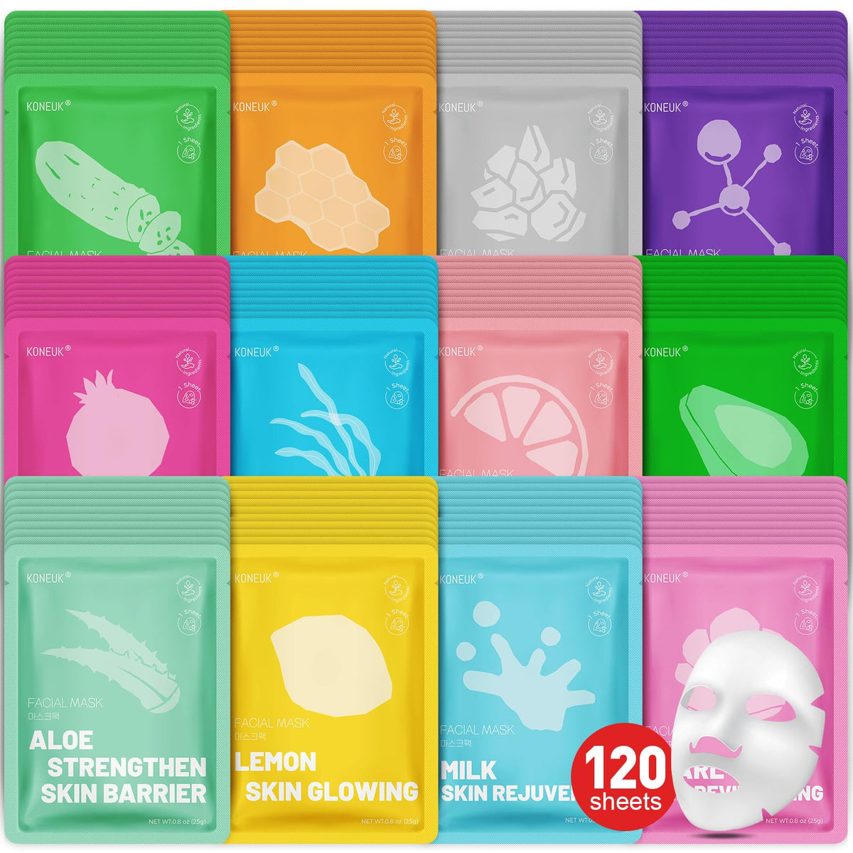 KONEUK front packaging showing full 120-pack and colorful variety for easy selection