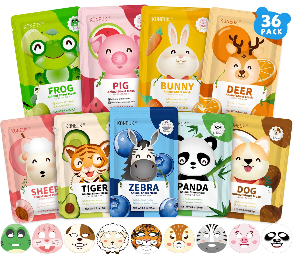 KONEUK front packaging showing 36-piece animal mask set and colorful box, easy bulk gifting