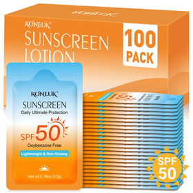 KONEUK front packaging showing 100 mini sunscreen packets and bulk convenience