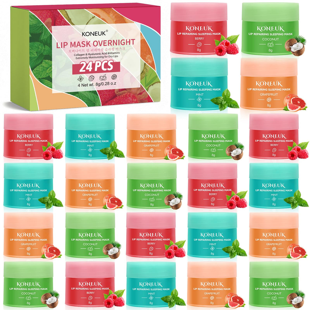 KONEUK front packaging of 24-pack showing assorted jars and benefits
