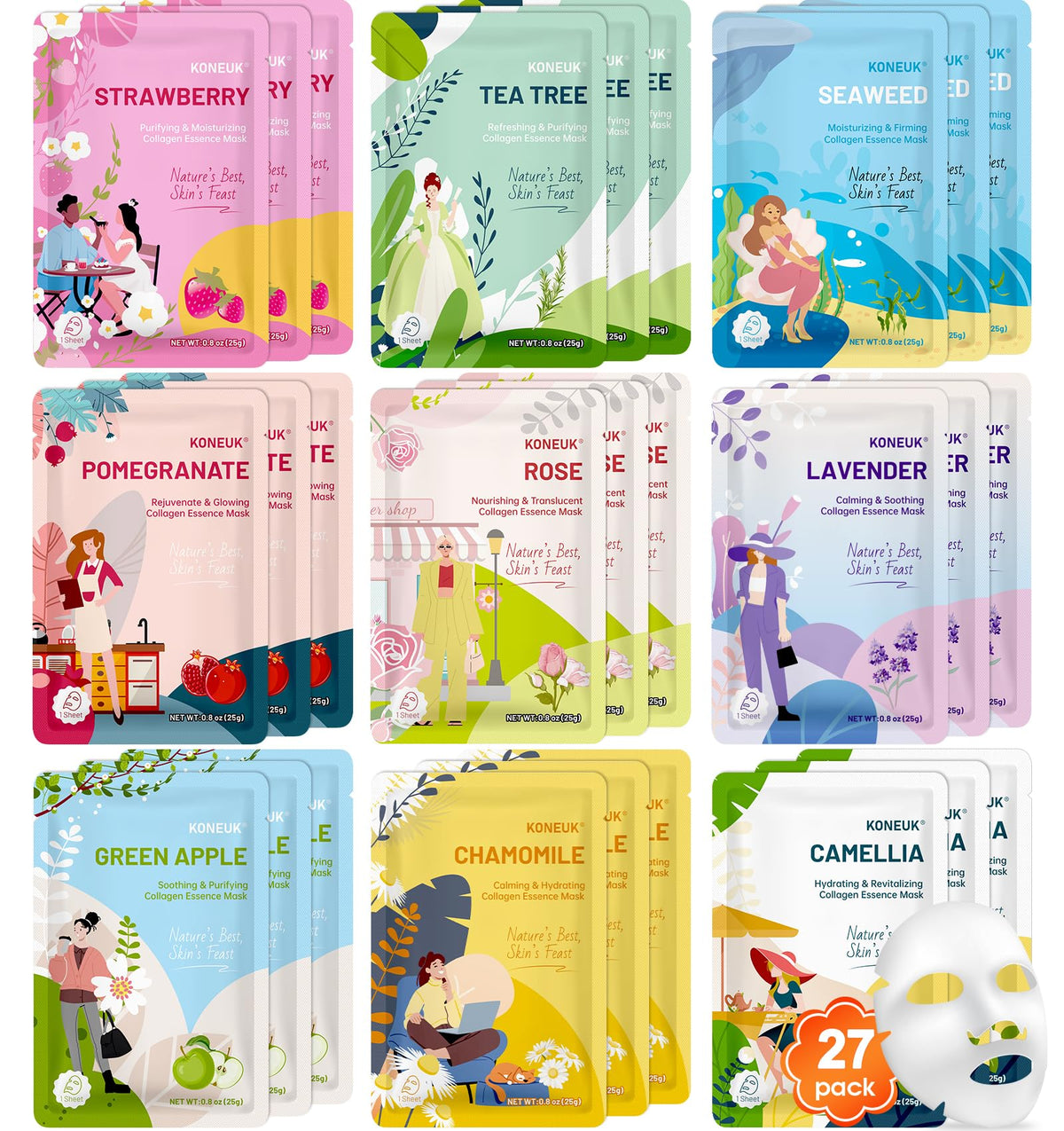 KONEUK front packaging showing 27 mask packs and colorful designs for gifting